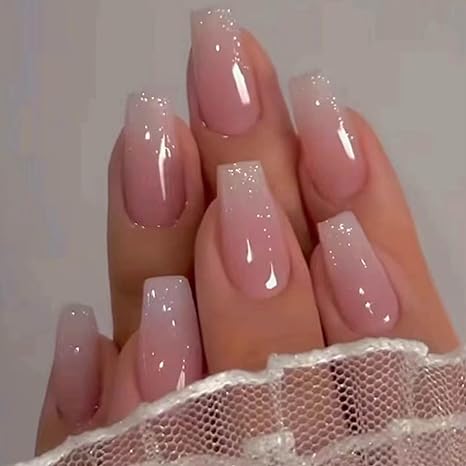 Picture of BTFO Short Pink Press on Nails Square Fake Nails Bling Full Cover French False Nails for Women and Girls