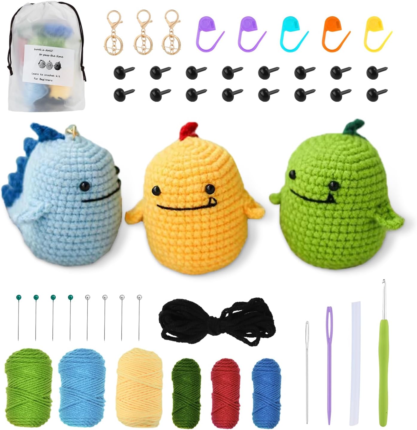 Picture of Pocket Penguin Beginner Crochet Kit, 3 Colors 6pcs Dinosaur Crochet Kits Crochet Kit Animals with Supplies DIY Crochet Kit with Step Instructions for Beginners Adults Craft Art