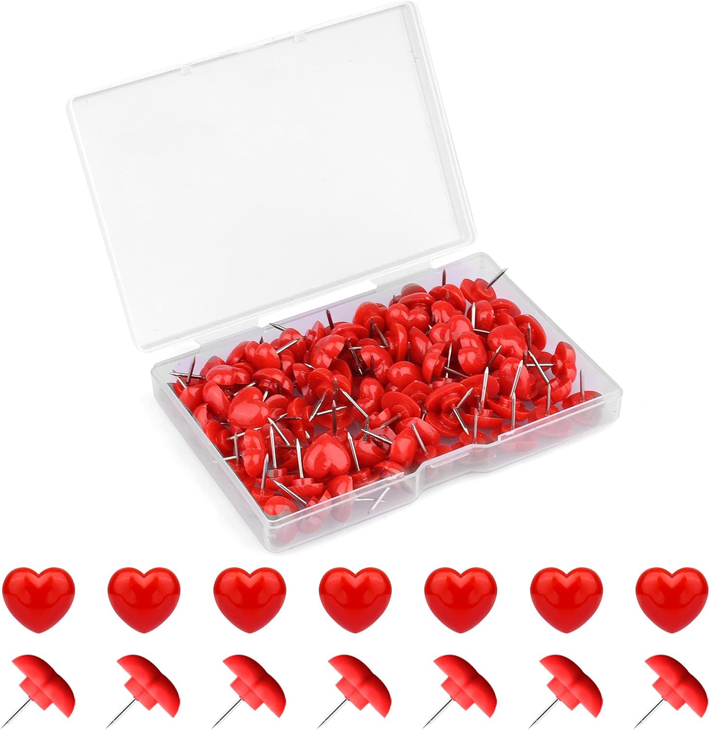 Picture of Fukaisu 100pcs Push Pins, 0.47inch Plastic Pushpins Push Pins with Stainless Steel Point Heart-Shaped Decorative Thumb Tacks for Cork Board Bulletin Board Wall Decor (Red)