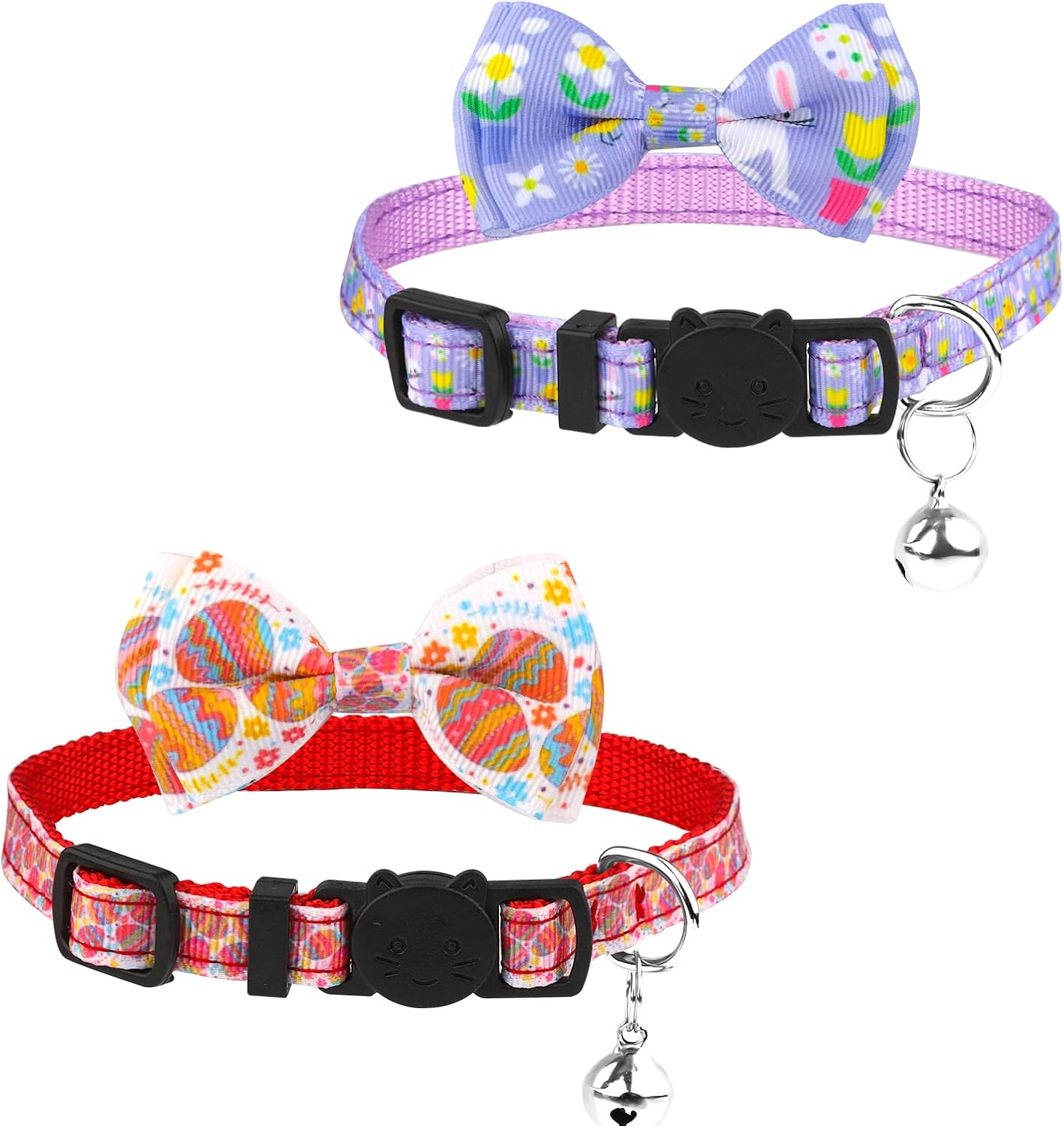 Picture of Kaipeia 2pcs Easter Cat Collars Breakaway, Easter Dog Collar for Small Dog with Removable Bow Tie and Bell Adjustable Holiday Bunny Egg Safety Pet Collar for Kitten Cats (Red, Purple)