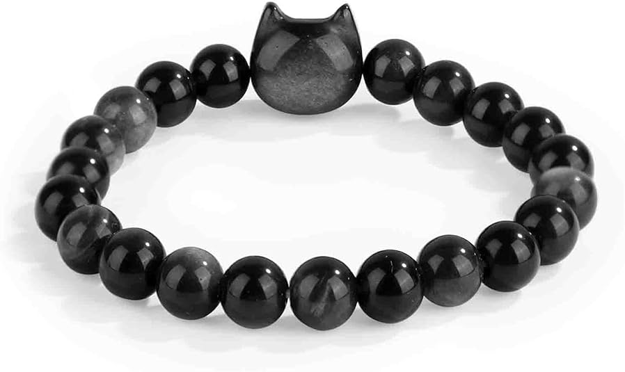 Picture of Yukitue Cat Bracelet, 0.31in Natural Black Obsidian Bracelets Cat Beaded Bracelet Lucky Cat Jewelry Wealth Prosperity Good Luck Beads Bracelet Decoration Supplies for Women And Men