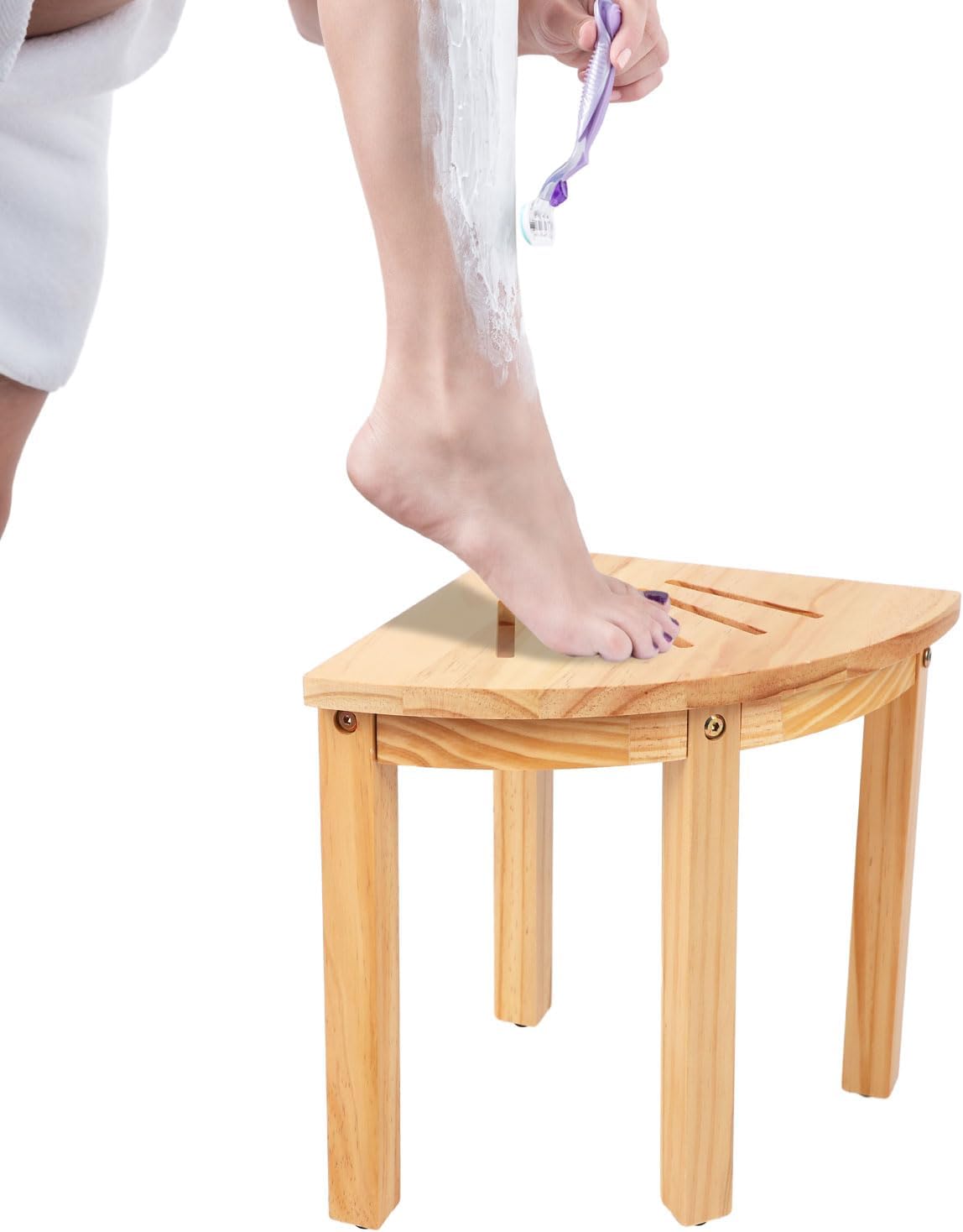 Picture of Penitue 11 Inch Wooden Shower Foot Rest, Non-Skidding Corner Shower Stool for Shaving Legs Stable Triangular Spa Shower Bench for Inside Bathroom Small Shower Spaces