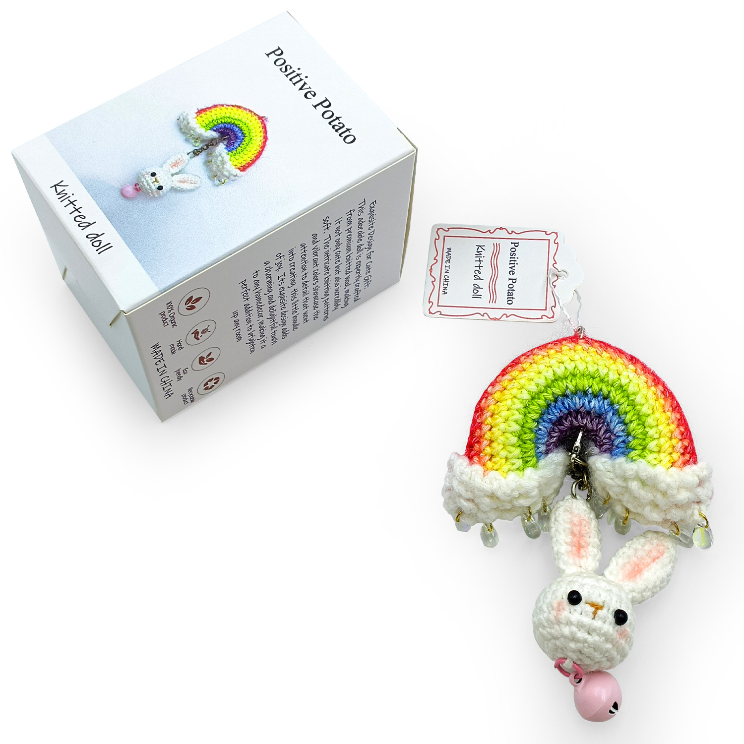 Picture of Positive Potato Funny Crochet Rainbow Rabbit Plush Toy doll, Cute Knitted Rainbow Rabbit Toy Doll with Encouragement Card Creative Doll for Holiday Party Decoration Encouraging Gift