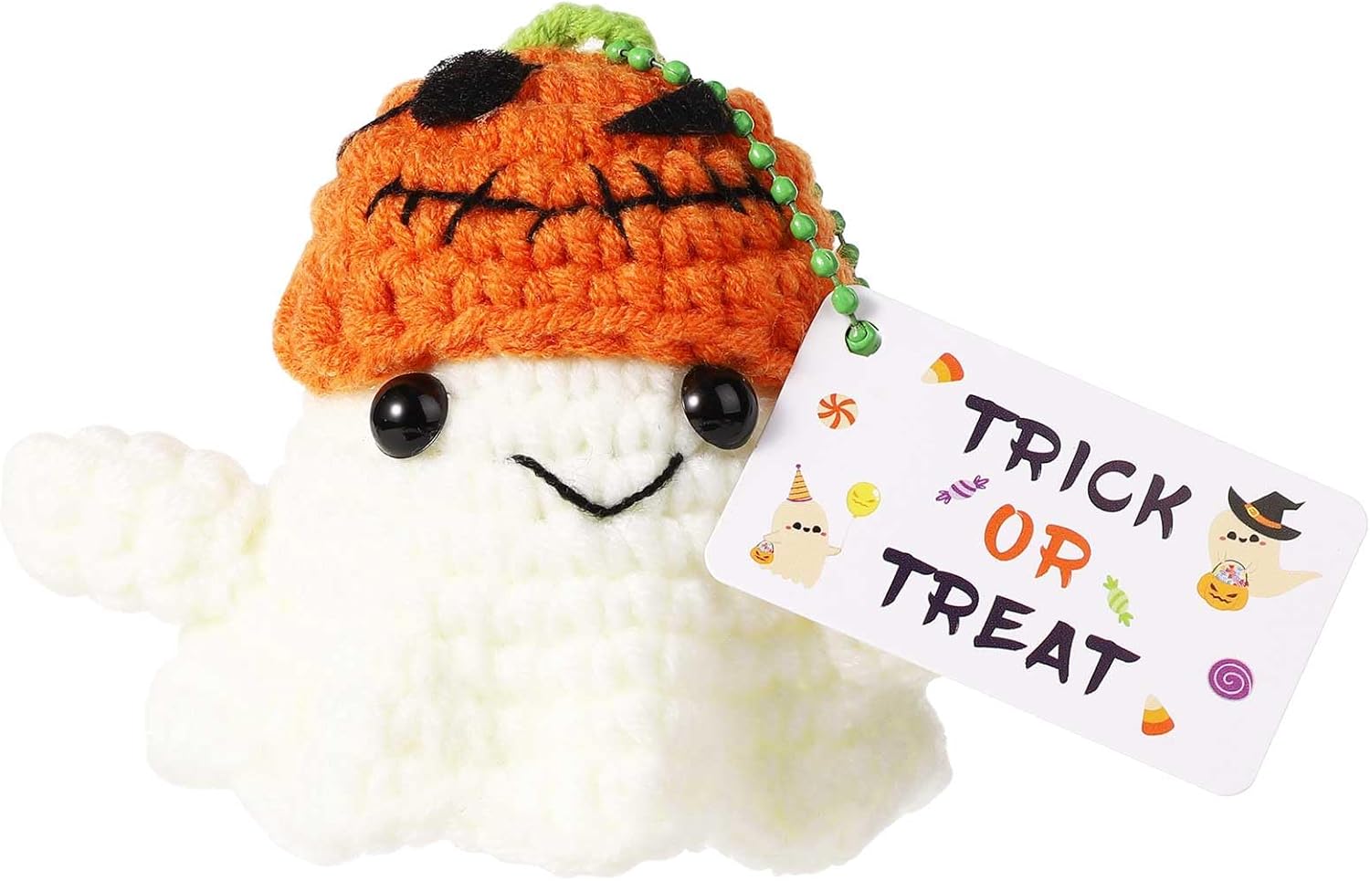 Picture of Positive Tennis Ball, Crochet Pumpkin Ghost, Premium Cotton Thread Positive Pumpkin Ghost Shape Crochet Doll Knitted Pumpkin Ghost Toys Multiple Ways to Play for Birthday Halloween
