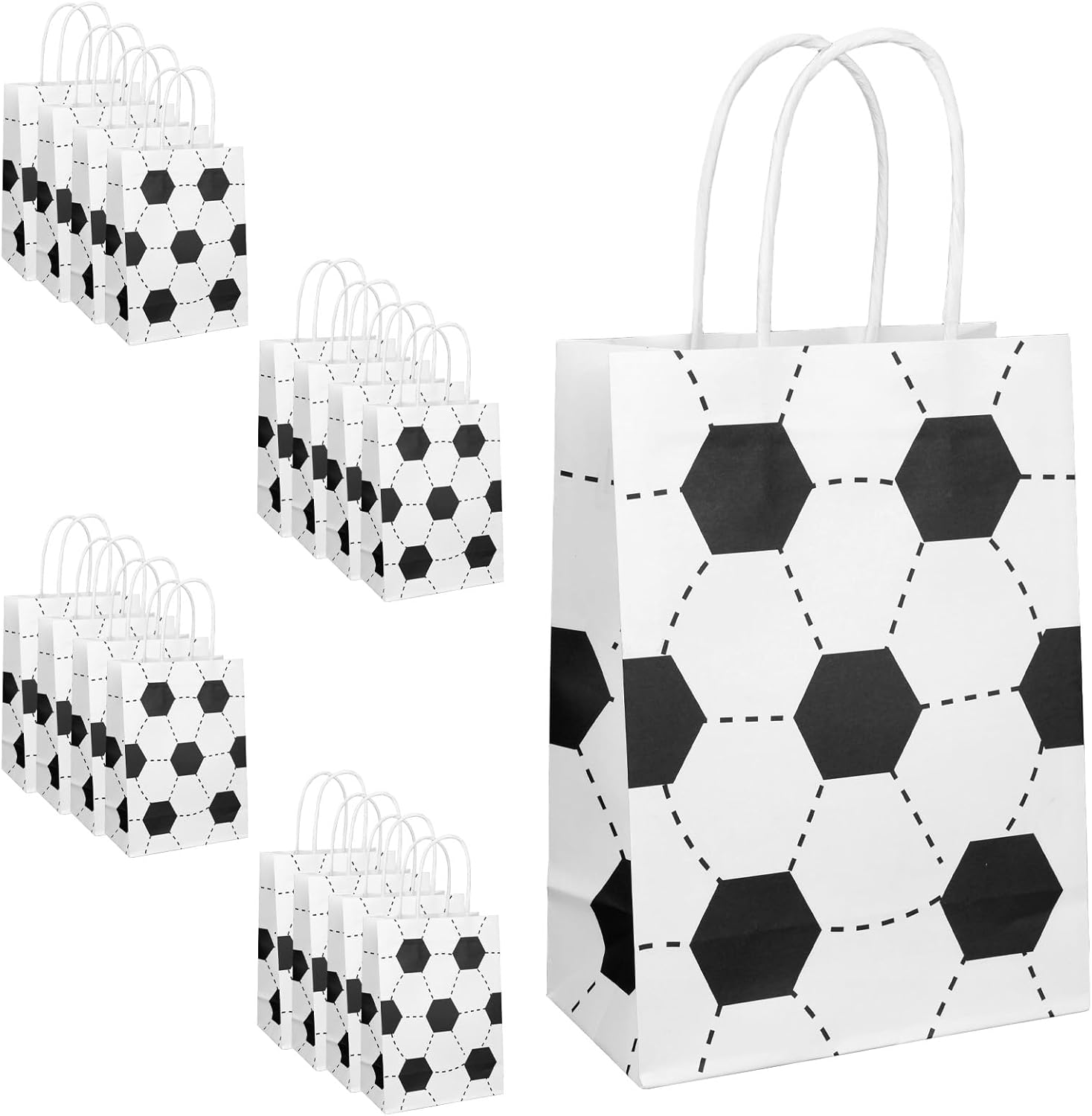Picture of Ybaig 16pcs Soccer Party Favor Paper Bags, Kraft Paper Soccer Goodie Bags Football Sport Themed Snack Goody Decor with Handle Birthday Decorations Party Supplies for Kid Adults