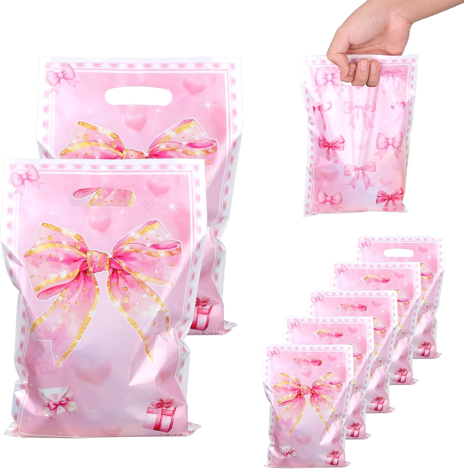 Picture of Ybaig 50pcs Pink Bow Plastic Gift Bags, Cute Coquette Bow Party Favor Bags Candy Goodie Treat Bags Retail Shopping Bags for Birthday Bridal Shower Bachelorette Engage Wedding Sweet Party Supplies