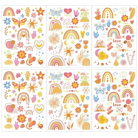 Picture of 6 Sheets Boho Kids Temporary Tattoo Stickers, Cute Flower Rainbow Sticker Decals Fake Tattoos Stickers for Boys Girls Hippie Theme Birthday Party Supplies Art Craft Decorations